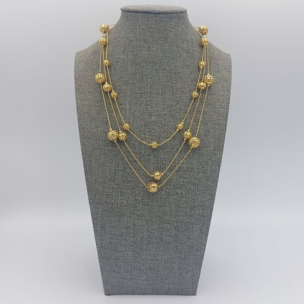 Avon NR Womens Gold Toned Necklace Filigree Gold Bead Satellite Triple Strand